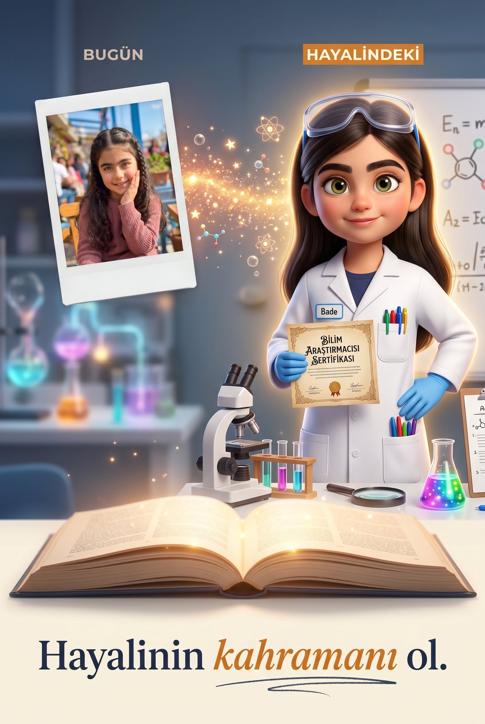 Sıradan bir çocuk fotoğrafının uzman çizerlerle Pixar kalitesinde kişiselleştirilmiş 3D bilim insanı karakterine dönüşümü