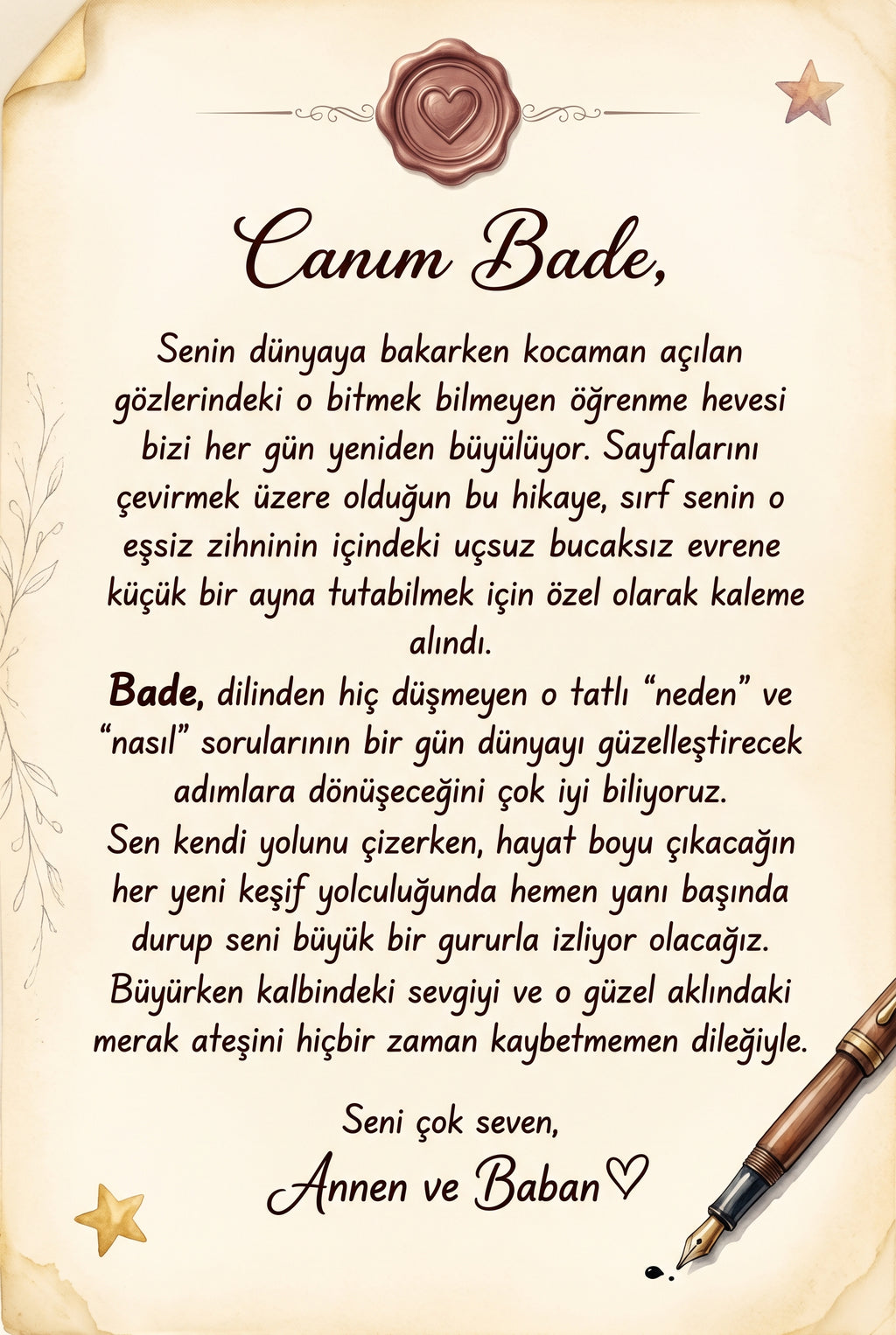 Kitabın ilk sayfasındaki kişiye özel hediye notu bölümü büyükanne ve büyükbabadan 8 yaş doğum günü tebrik mesajı