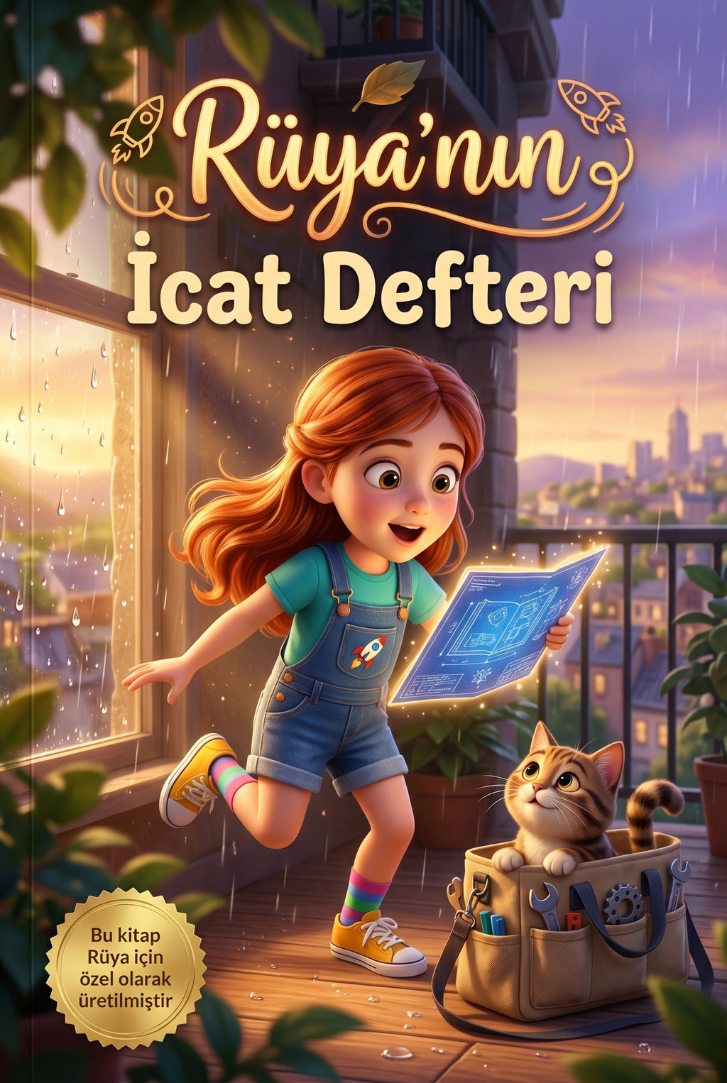 Rüya'nın İcat Defteri isimli kişiye özel çocuk kitabı ön kapağı — balkonda kuşlara bakan 3D Pixar çizimi.