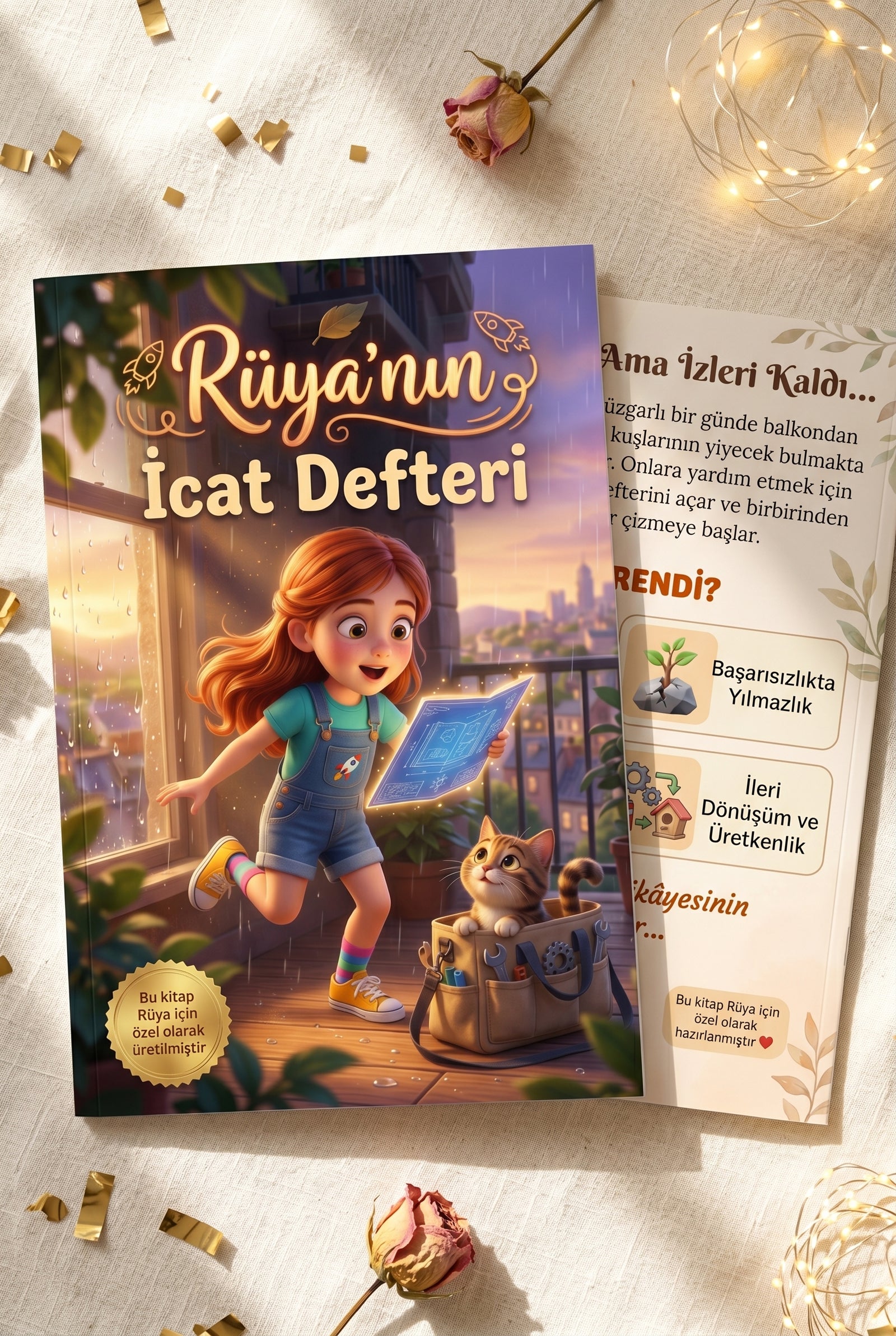 Rüya'nın İcat Defteri A4 yumuşak kapaklı kitabının ön ve arka yüzü bir arada — kaliteli baskı hediye kitap siparişi.