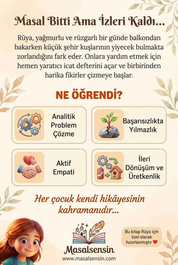 Rüya'nın İcat Defteri kitabı arka kapağı — problem çözme ve üretkenlik kazanımları anlatan 6-9 yaş hikaye kitabı özeti.