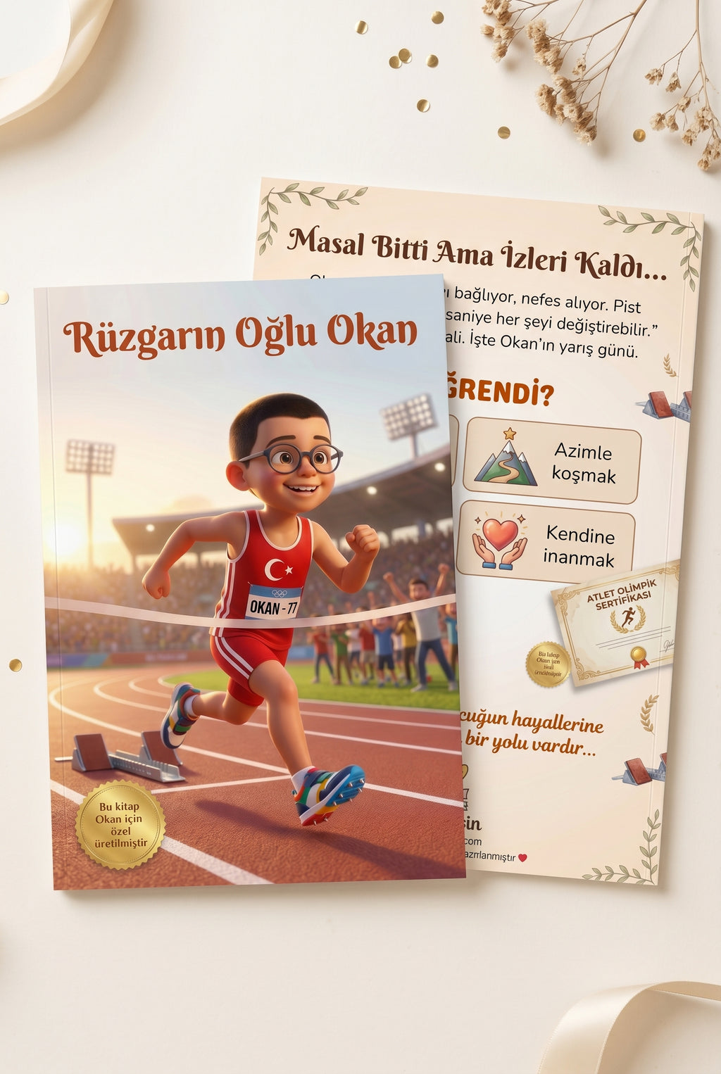 Rüzgarın Oğlu Okan kişiye özel hikaye kitabı ön ve arka kapak birlikte — A4 yumuşak kapak kalitesi