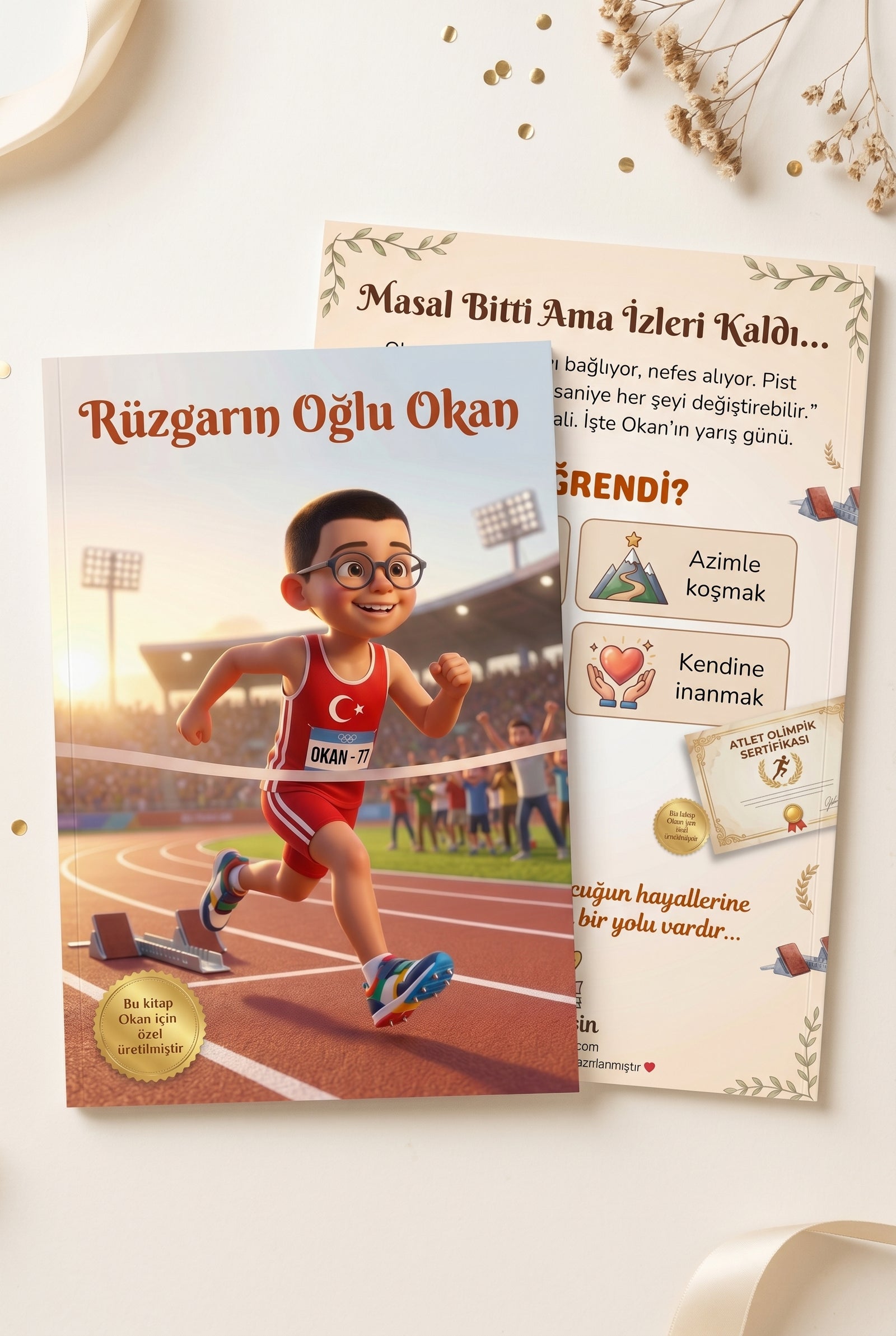 Rüzgarın Oğlu Okan kişiye özel hikaye kitabı ön ve arka kapak birlikte — A4 yumuşak kapak kalitesi