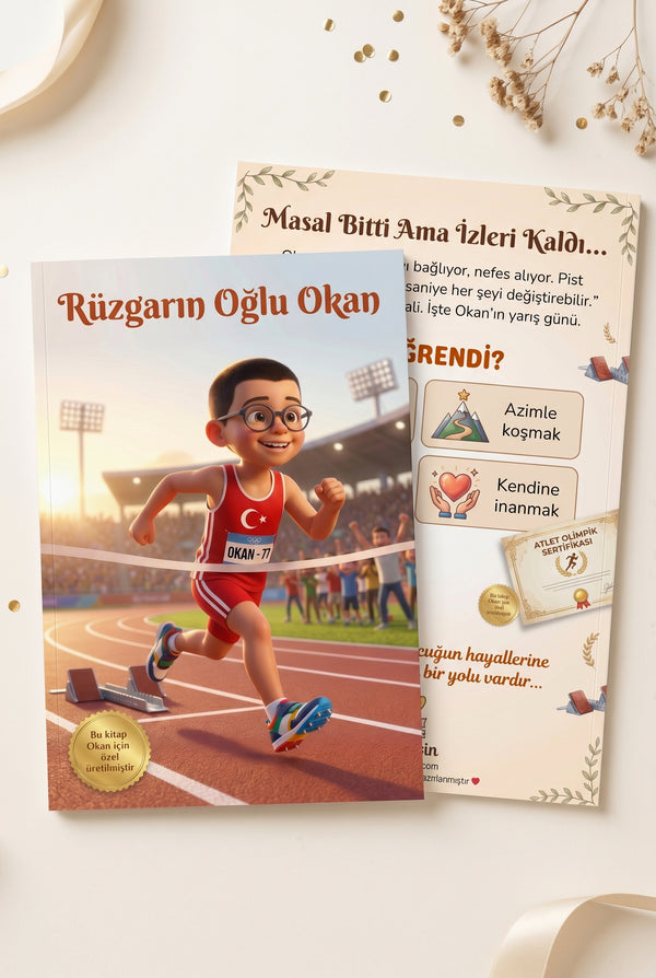 Rüzgarın Oğlu Okan kişiye özel hikaye kitabı ön ve arka kapak birlikte — A4 yumuşak kapak kalitesi