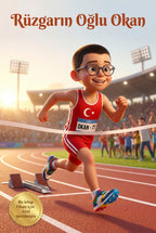 Rüzgarın Oğlu Okan isimli meslek hikayeleri çocuk kitabı ön kapağı, olimpiyat pistinde Pixar 3D illüstrasyon