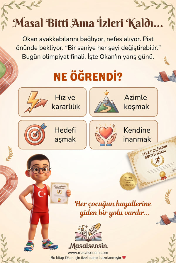 Okan'a özel kitabın arka kapağı — hız, azim ve kendine inanma kazanımlarını yansıtan madalya detayı