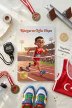 Rüzgarın Oğlu kişiselleştirilmiş çocuk kitabı, antika kronometre ve kırmızı çivili ayakkabılarla yatay çekimi