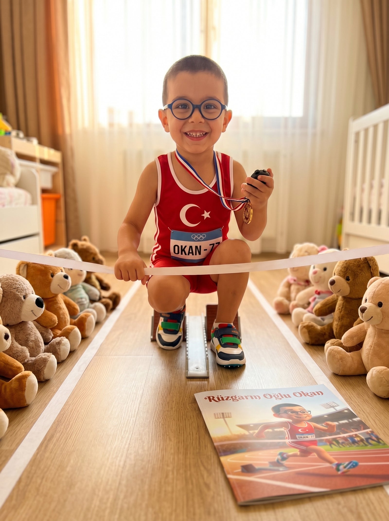 Okan uyumadan önce kendi adının yazılı olduğu olimpiyat masalını okurken — motive edici okuma saati anı