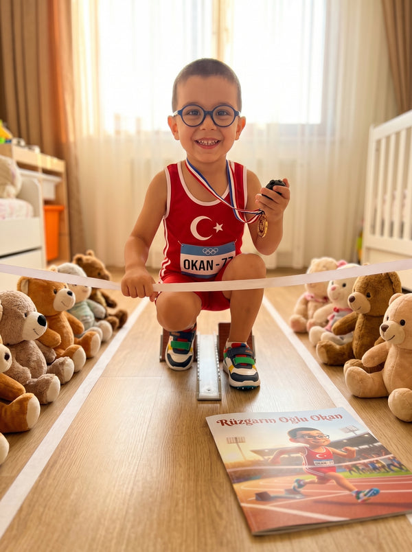 Okan uyumadan önce kendi adının yazılı olduğu olimpiyat masalını okurken — motive edici okuma saati anı