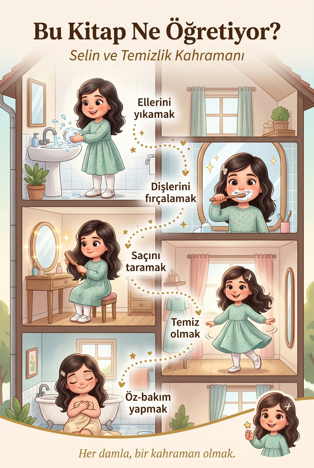 Bu Kitap Ne Öğretiyor — Selin ve Temizlik Kahramanı için öğrendiği günlük değerler görselleştirmesi.