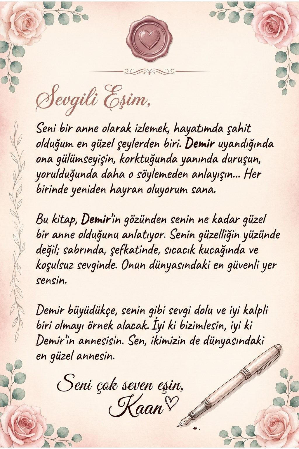 Kitabın içindeki kişiye özel babadan anneye mektup sayfası
