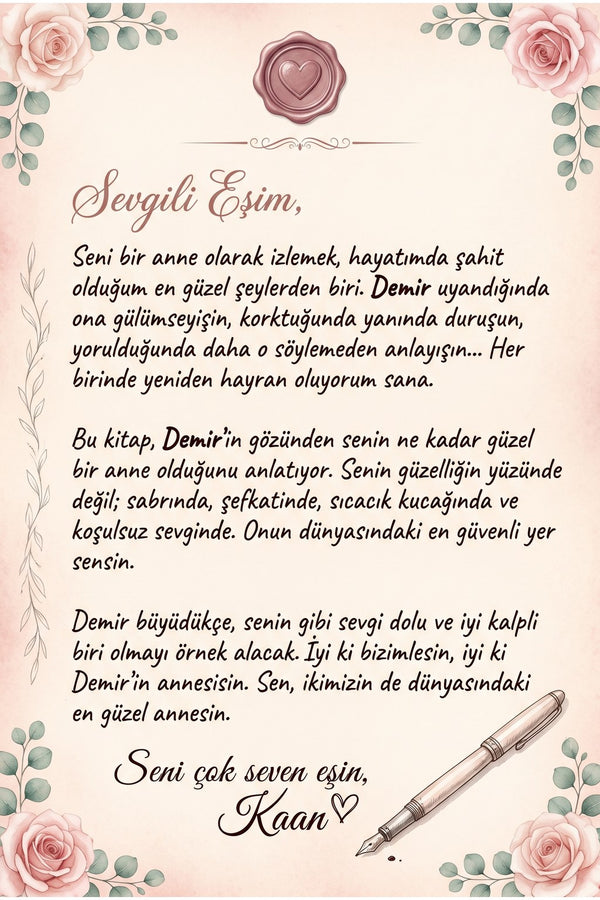 Kitabın içindeki kişiye özel babadan anneye mektup sayfası