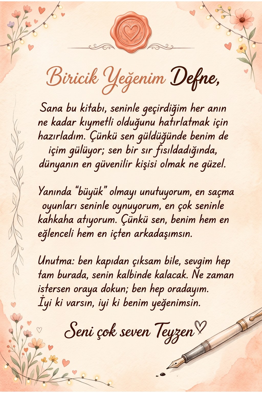 Kitabın içindeki kişiye özel teyzeden yeğene mektup sayfası
