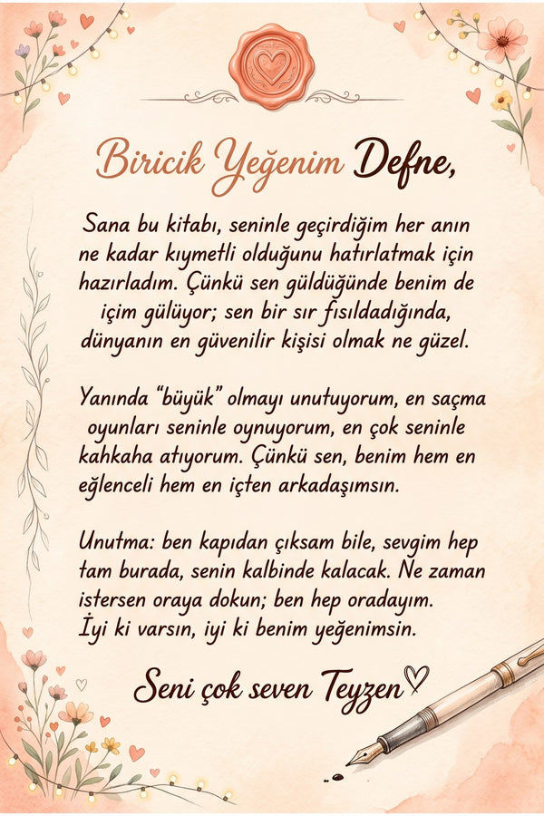Kitabın içindeki kişiye özel teyzeden yeğene mektup sayfası