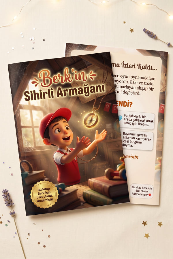 Kişiye özel hediye kitabı ön ve arka kapak bir arada — A4 boyutlu yüksek kaliteli yumuşak kapaklı format.