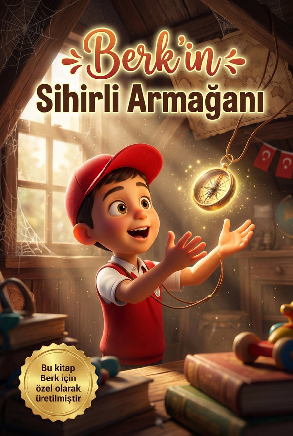Sihirli Armağan kişiye özel 23 Nisan çocuk kitabı ön kapağı, kırmızı şapkalı çocuk ve Pixar 3D illüstrasyon.