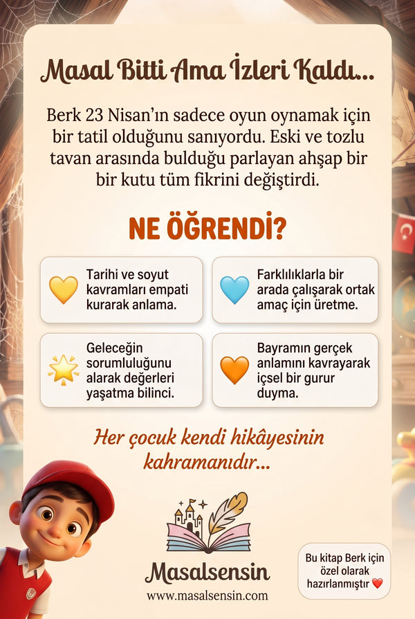 Kişiye özel kitabın arka kapağı — milli bilinç ve gelecek sorumluluğu kazanımlarını anlatan pedagojik özet.