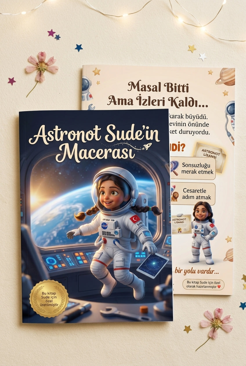 Astronot Sude'in Macerası kişiye özel kitabı ön ve arka kapak birlikte — yüksek baskı kalitesi