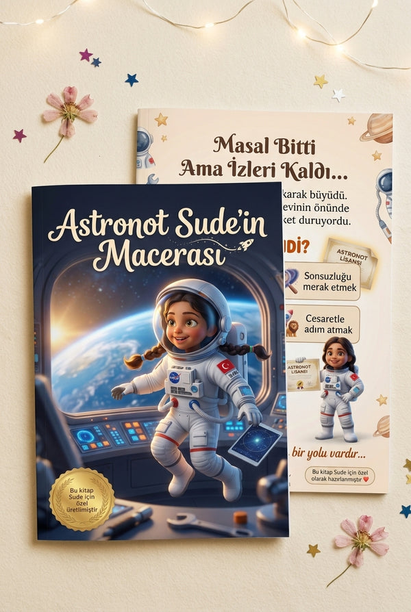 Astronot Sude'in Macerası kişiye özel kitabı ön ve arka kapak birlikte — yüksek baskı kalitesi