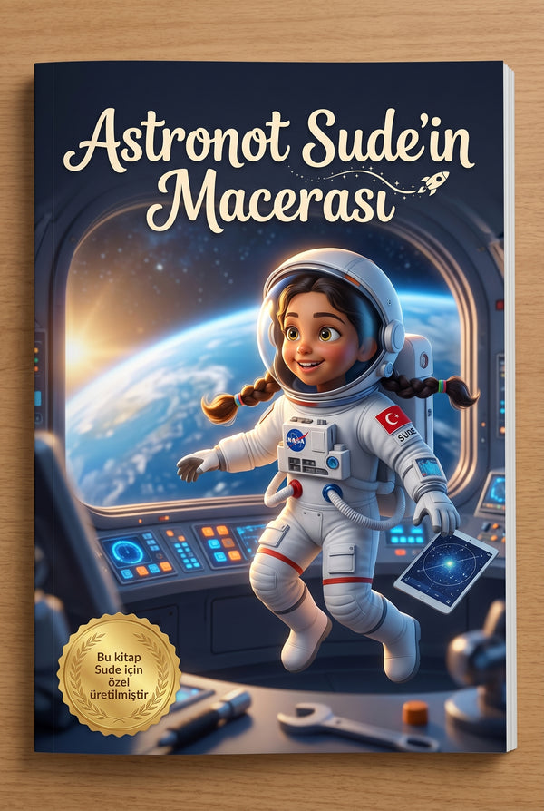 Astronot Sude isimli kişiye özel meslek kitabı ön kapağı, beyaz roketli Pixar tarzı 3D illüstrasyon
