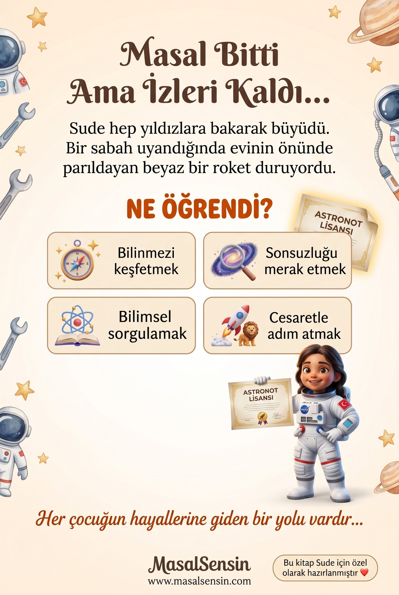 Sude adına özel uzay macerası kitabının arka kapağı — cesaret ve bilimsel sorgulama kazanımları