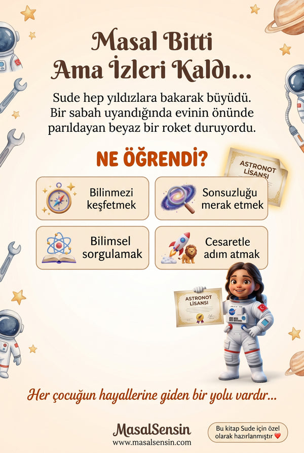 Sude adına özel uzay macerası kitabının arka kapağı — cesaret ve bilimsel sorgulama kazanımları