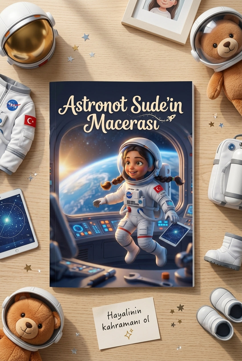 A4 yumuşak kapaklı Astronot Sude kişiselleştirilmiş çocuk kitabı, uzay temalı oyuncaklarla masada
