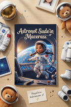 A4 yumuşak kapaklı Astronot Sude kişiselleştirilmiş çocuk kitabı, uzay temalı oyuncaklarla masada