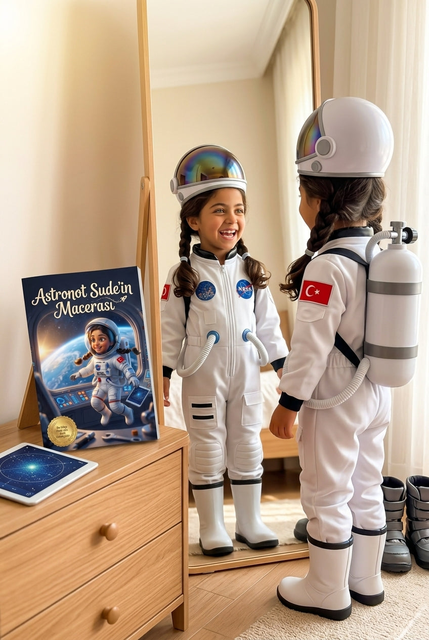 Sude uyumadan önce kendi adının yazılı olduğu astronot masalını okurken — keyifli okuma alışkanlığı anı
