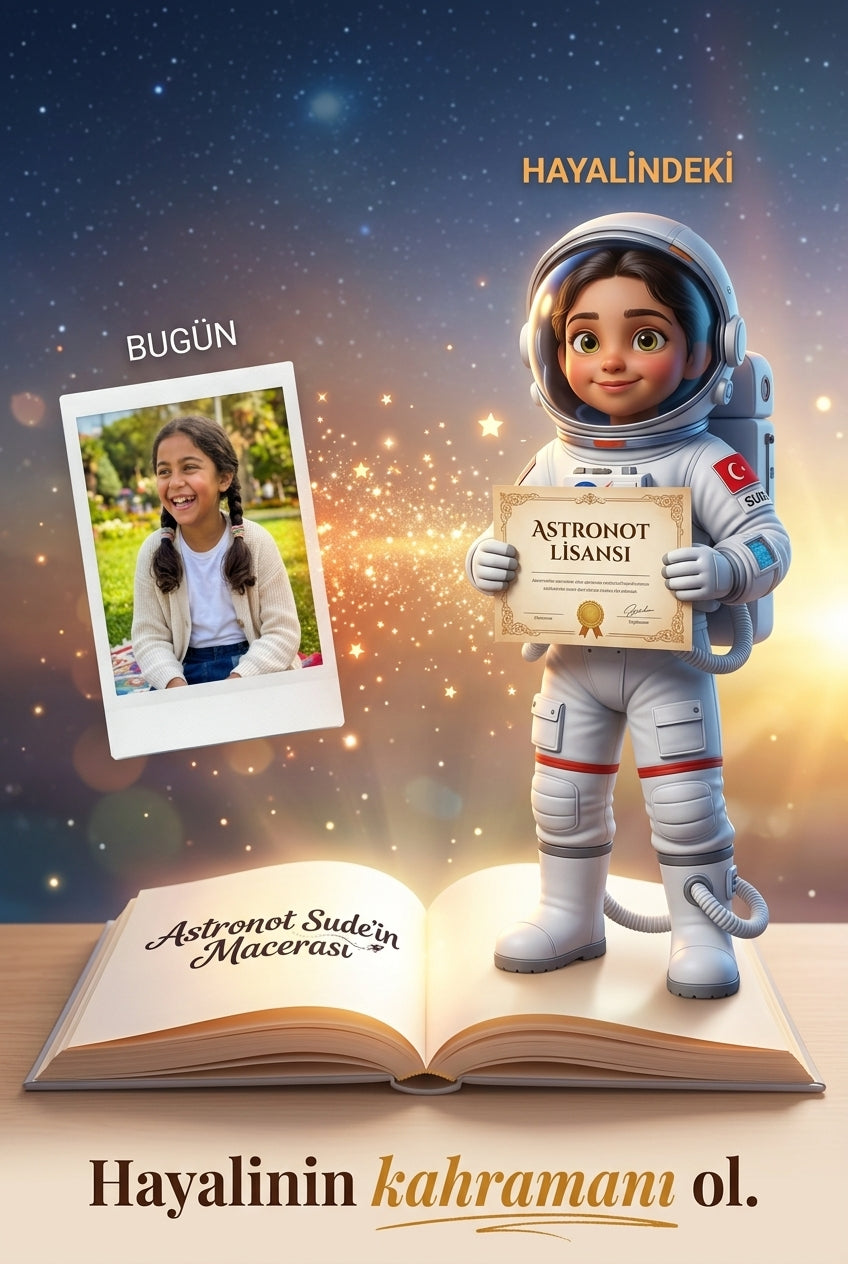 Sude'nin fotoğrafının 3D astronot kahramanına dönüşümü — omuzunda Türk bayraklı uzay kıyafeti