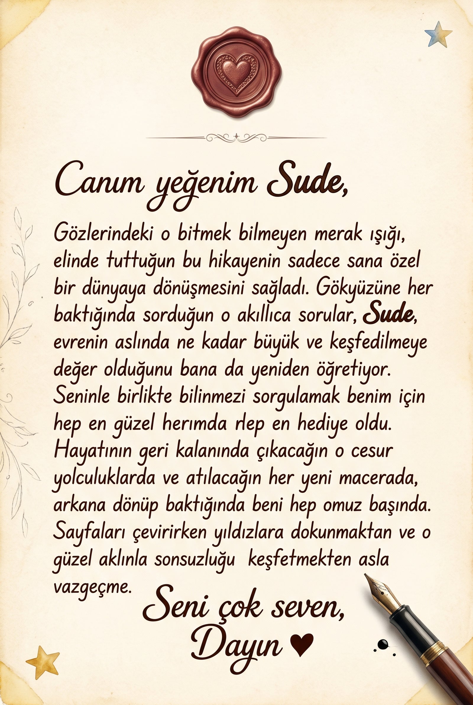 Kitabın ilk sayfasındaki hediye eden kişiden Sude'ye özel sevgi dolu doğum günü hediye notu