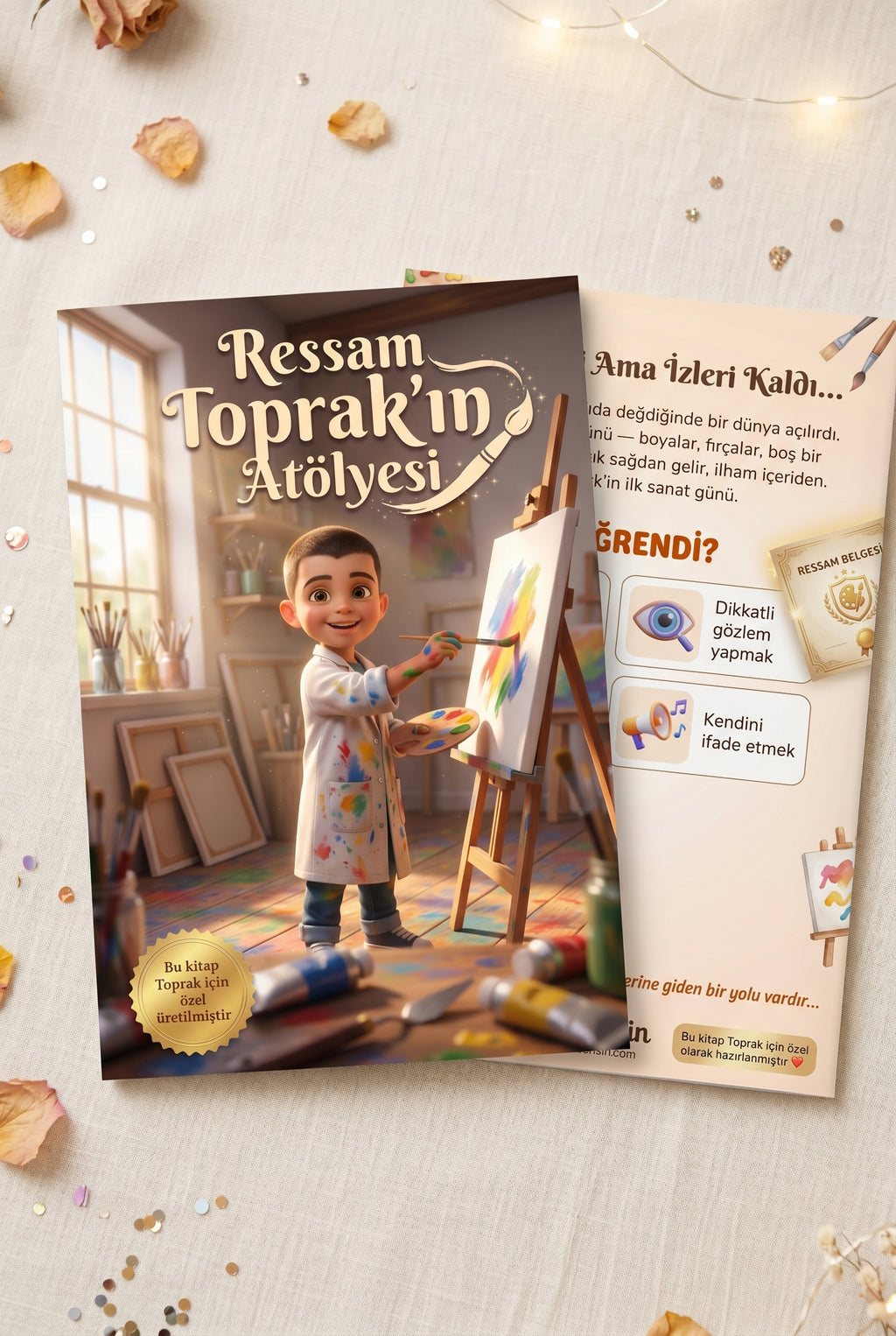Ressam Toprak kişiye özel çocuk kitabı ön ve arka kapak birlikte — yüksek kaliteli A4 yumuşak kapak formatı