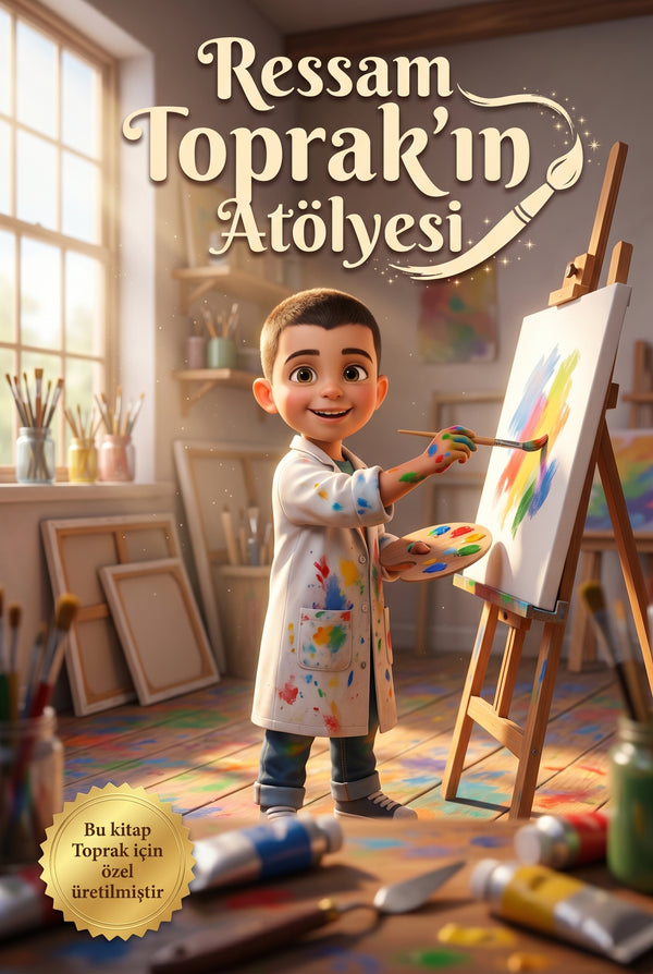 Ressam Toprak'ın Atölyesi kişiye özel çocuk kitabı ön kapağı, beyaz önlüklü Pixar 3D illüstrasyon