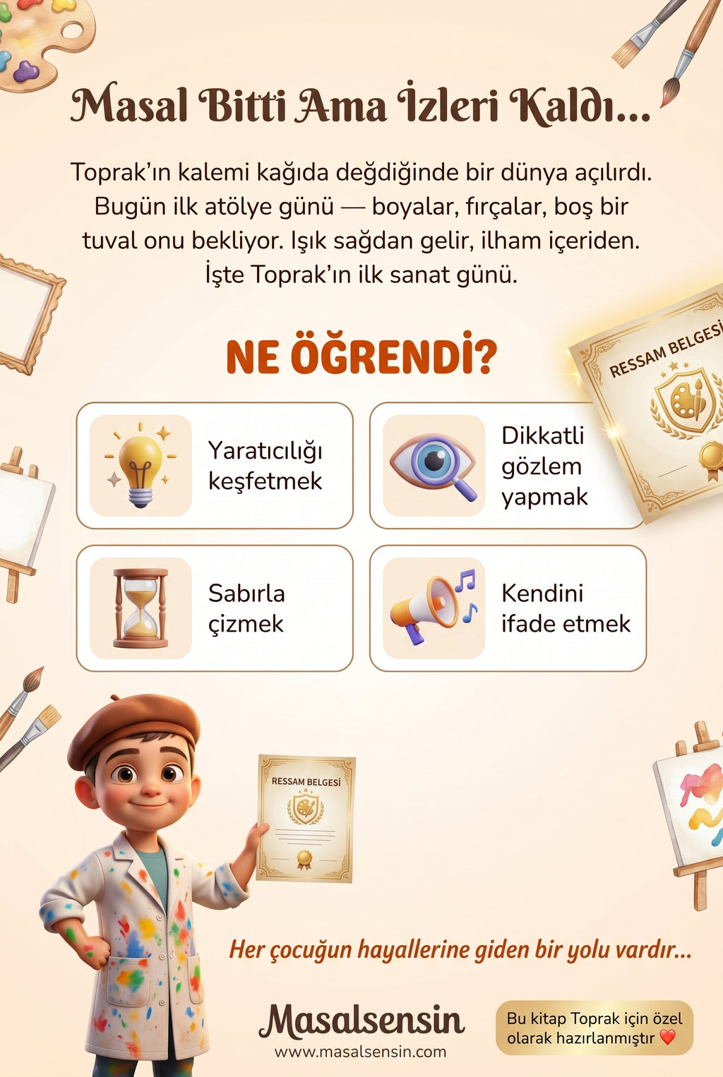 Toprak isimli meslek kitabının arka kapağı — yaratıcılık ve kendini ifade etme kazanımları özeti