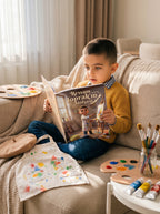 Küçük Toprak uyumadan önce kendi adının yazılı olduğu ressam masalını okurken — keyifli bedtime reading anı