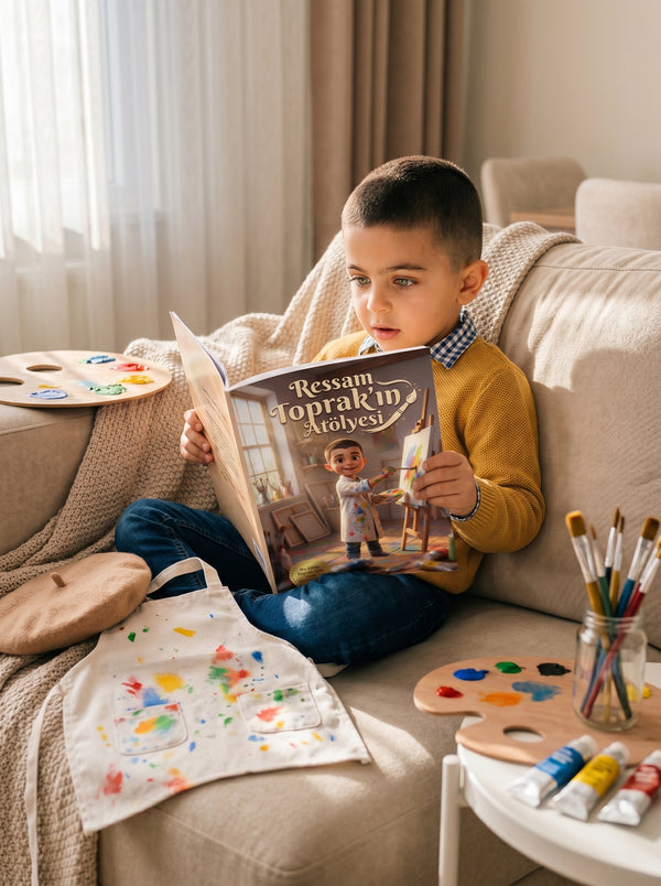Küçük Toprak uyumadan önce kendi adının yazılı olduğu ressam masalını okurken — keyifli bedtime reading anı