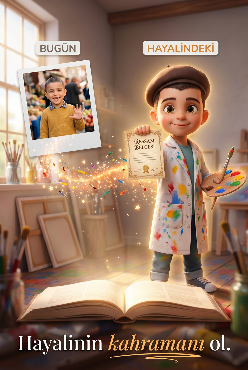 Toprak'ın fotoğrafının 3D ressam kahramanına dönüşüm süreci — kişiselleştirilmiş kitap illüstrasyon teknolojisi