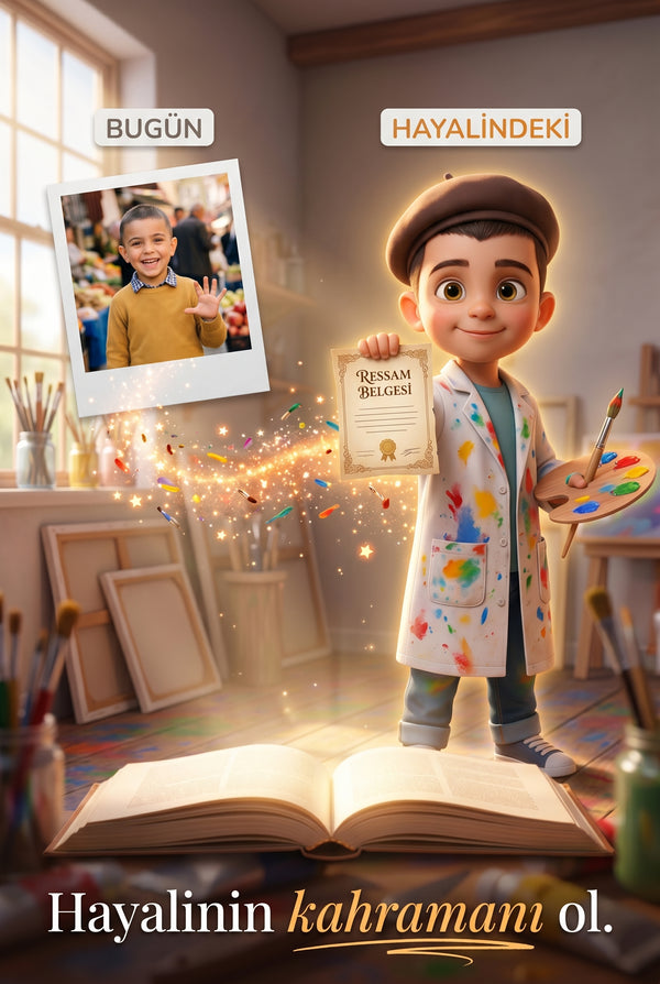 Toprak'ın fotoğrafının 3D ressam kahramanına dönüşüm süreci — kişiselleştirilmiş kitap illüstrasyon teknolojisi