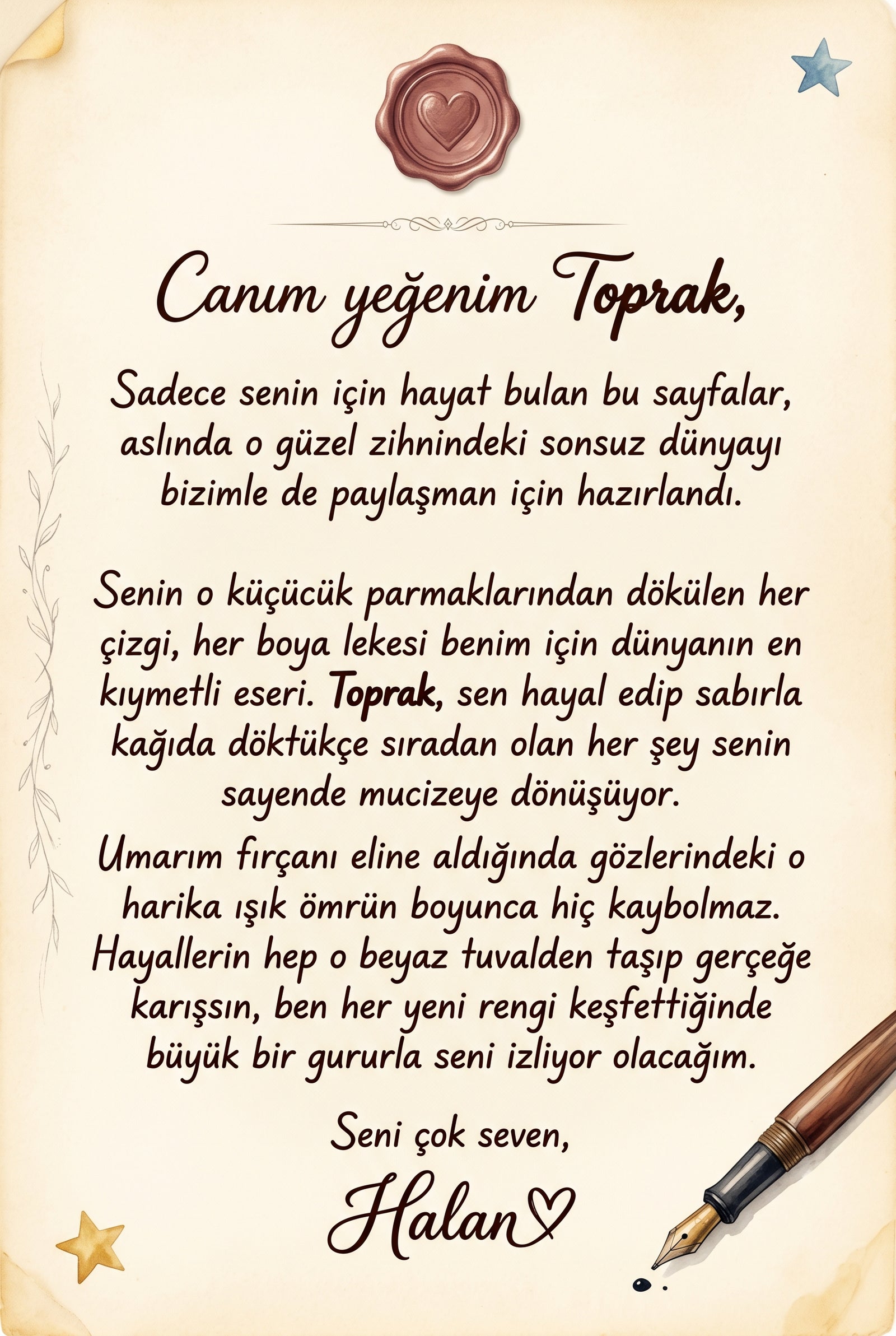Hediye eden teyzesinden Toprak'a özel sevgi dolu ithaf sayfası — duygu yüklü doğum günü kutlama mesajı