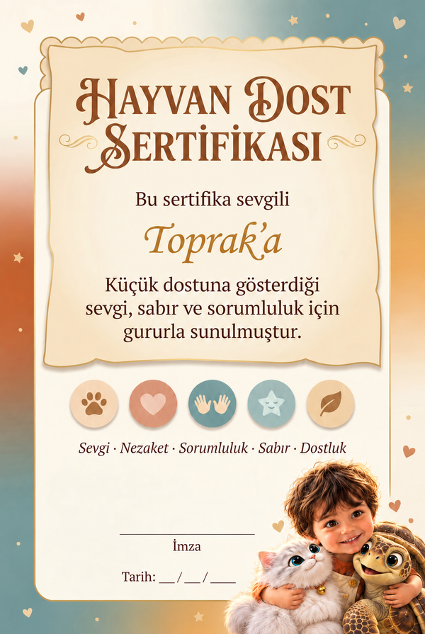 Toprak ve Mırnav kişiye özel Hayvan Dost Sertifikası