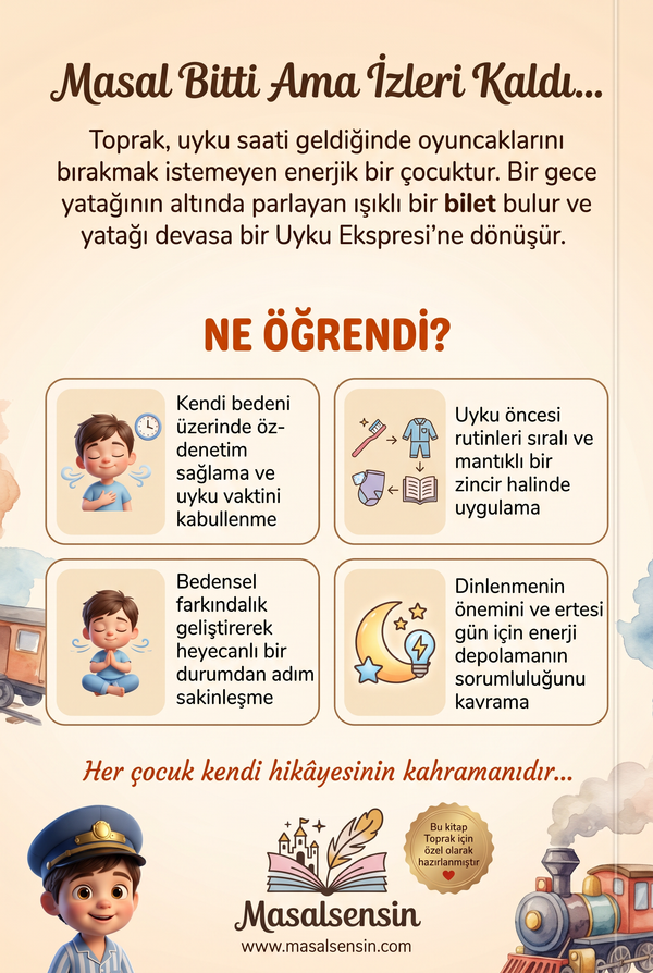 Toprak isimli uyku eğitimi kitabının arka kapağı — öz-denetim ve sakinleşme kazanımlarını anlatan pedagojik detaylar