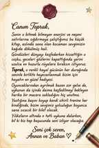 Hediye eden teyze ve büyükanne için özel sevgi notu içeren, Toprak'ın Uyku Ekspresi kişiye özel ithaf sayfası