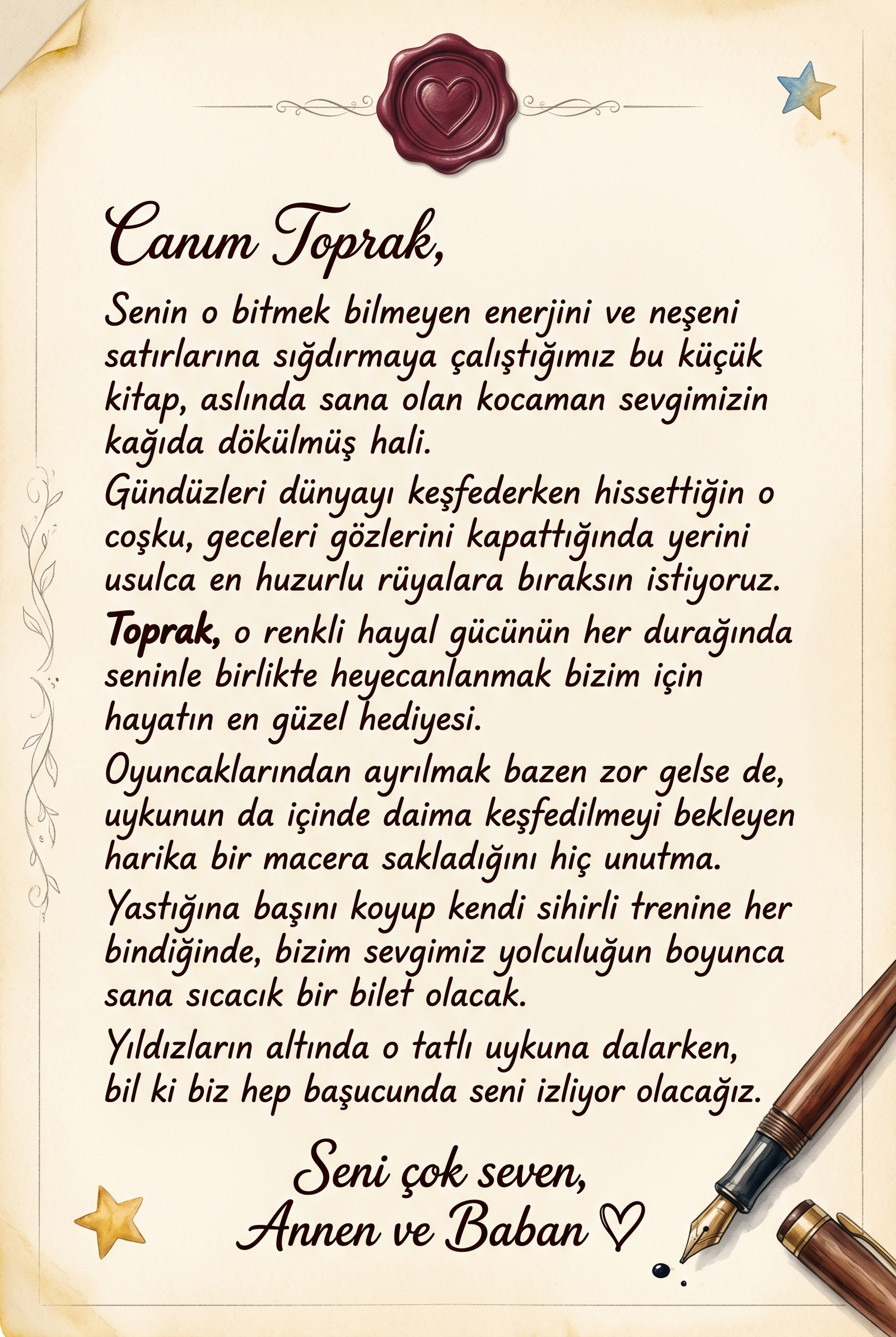 Hediye eden teyze ve büyükanne için özel sevgi notu içeren, Toprak'ın Uyku Ekspresi kişiye özel ithaf sayfası