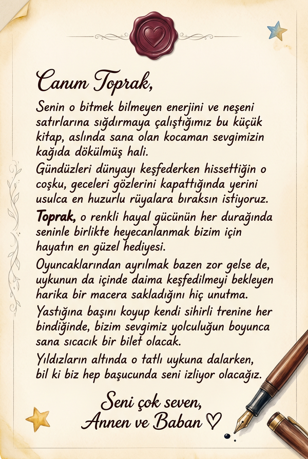 Hediye eden teyze ve büyükanne için özel sevgi notu içeren, Toprak'ın Uyku Ekspresi kişiye özel ithaf sayfası