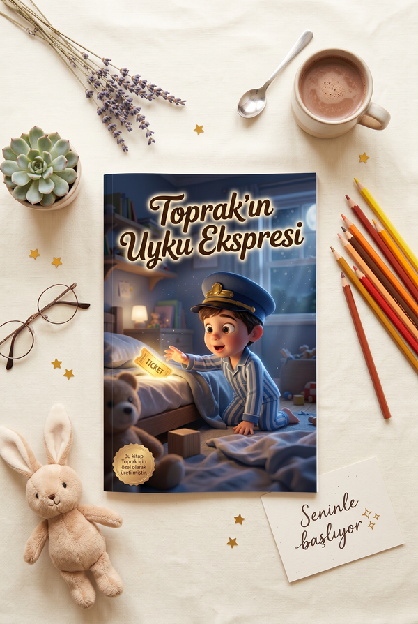 Toprak'ın Uyku Ekspresi hikaye kitabı, ahşap yatak üzerinde oyuncak tren ve gece lambası eşliğinde detaylı görünüm