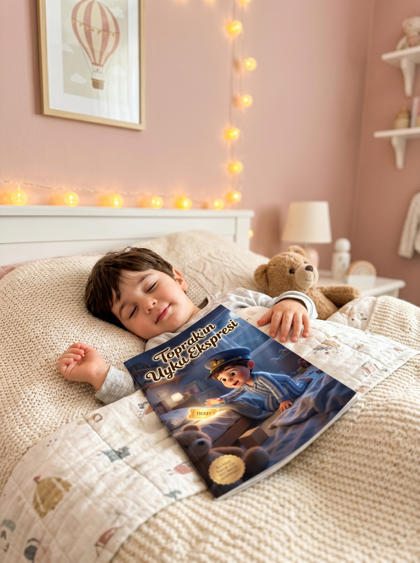 Toprak uyumadan önce kendi adının yazılı olduğu Uyku Ekspresi masalını dinlerken huzurlu bedtime reading anı