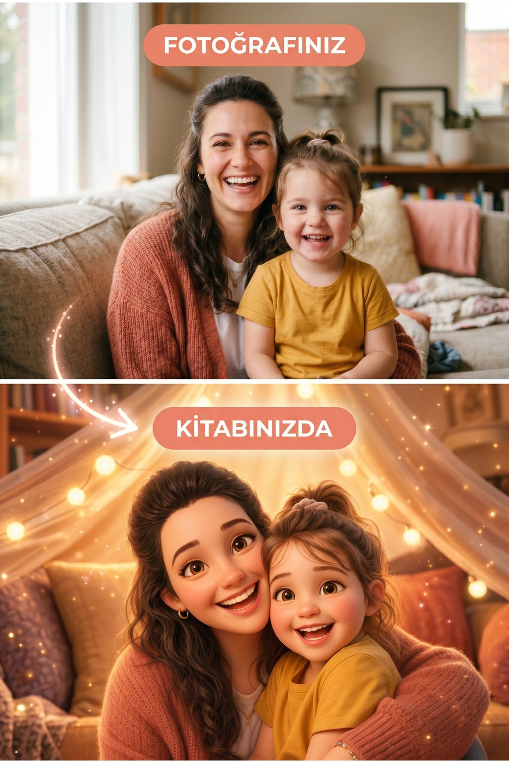 Teyze ve yeğen gerçek fotoğraf → Pixar 3D karakter dönüşümü