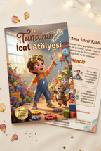 Tuna'nın İcat Atölyesi çocuk kitabının ön ve arka kapağı bir arada - A4 boyutlu yüksek kaliteli yumuşak kapak baskısı.