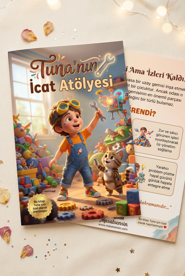 Tuna'nın İcat Atölyesi çocuk kitabının ön ve arka kapağı bir arada - A4 boyutlu yüksek kaliteli yumuşak kapak baskısı.