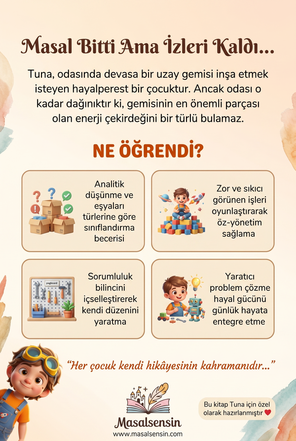 Tuna isimli hikaye kitabının arka kapağı - çocuklarda düzen alışkanlığı ve problem çözme becerisi kazandıran masal özeti.